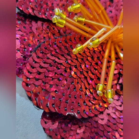 3D hibiscus beaded applique flower sew on iron on patch sequins tropical hot pnk - Picture 4 of 11